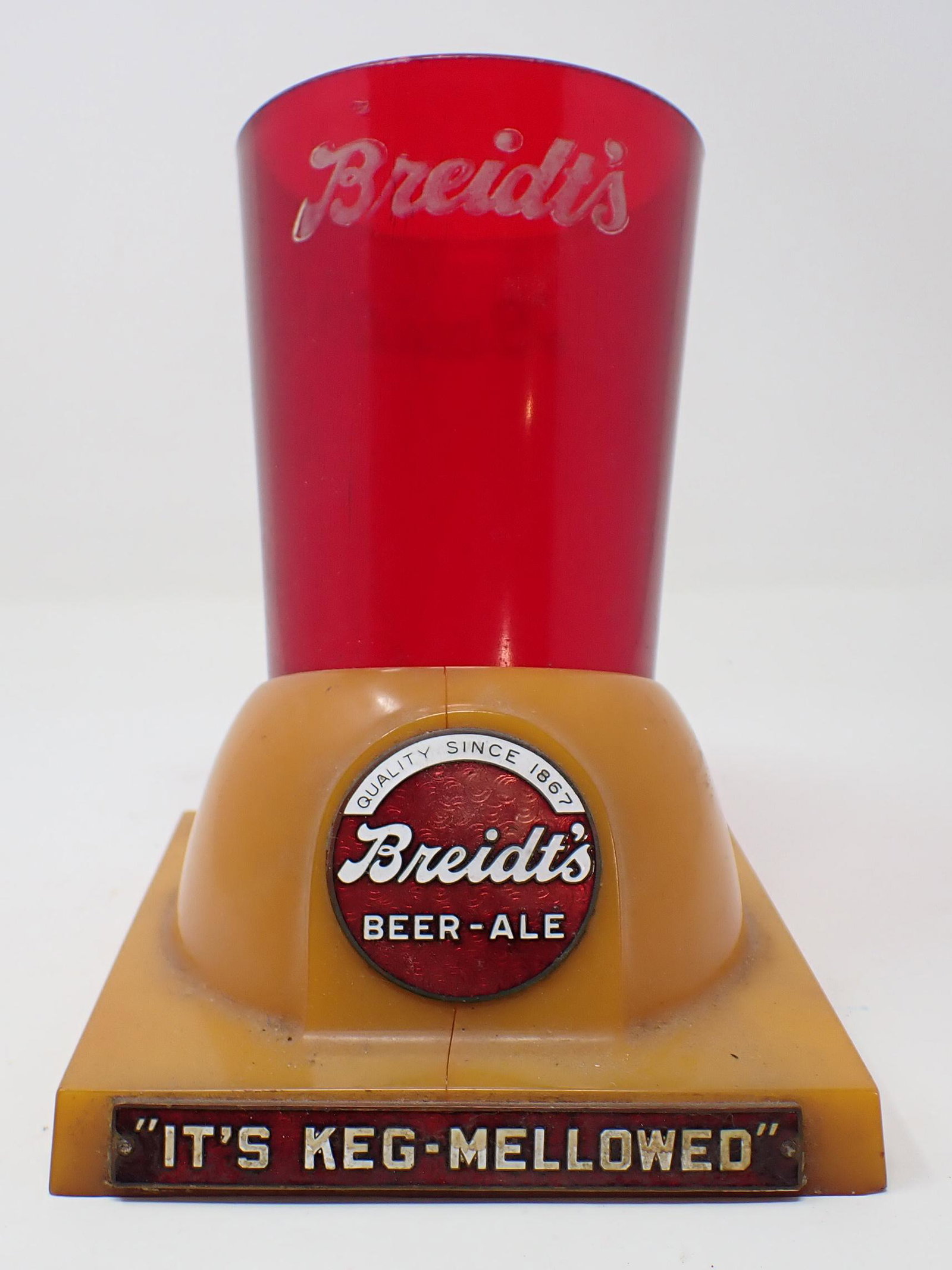Breidt's Beer-Ale Bar Cup Holder: Plaques are enameled. Apprx 5" x 5" x 6 1/2" tall