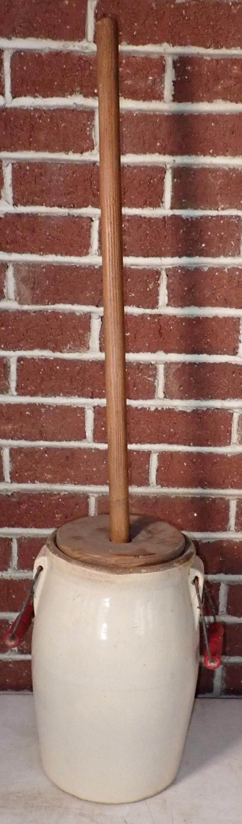 Stoneware Butter Churn: Approx 7 1/2" in diameter and 12" tall ( to top edge) No shipping