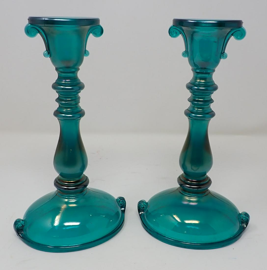 Pair of Glass Candlesticks: Approx 8 1/2" tall