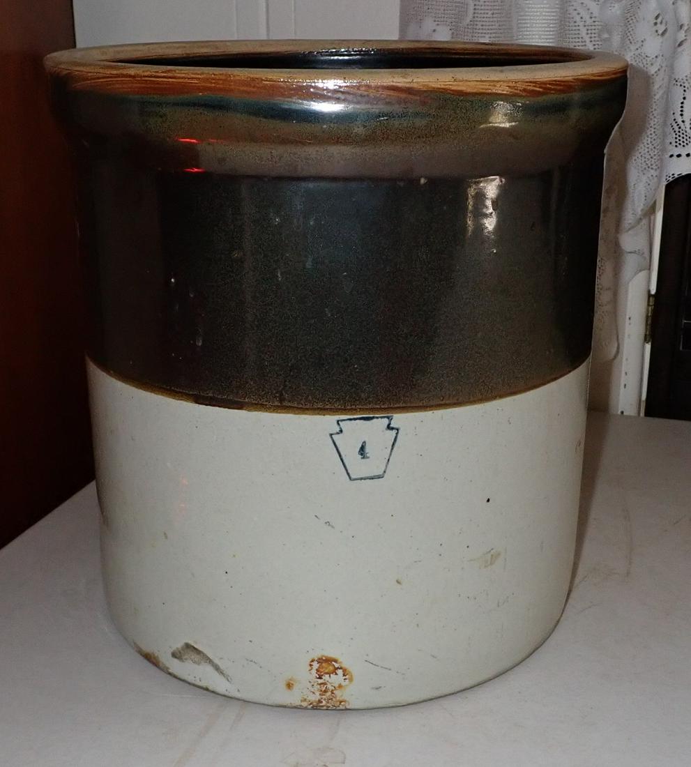 4 Gallon Stoneware Crock: Approx 11 1/4" in diameter and 11 3/4" tall. NO SHIPPING!