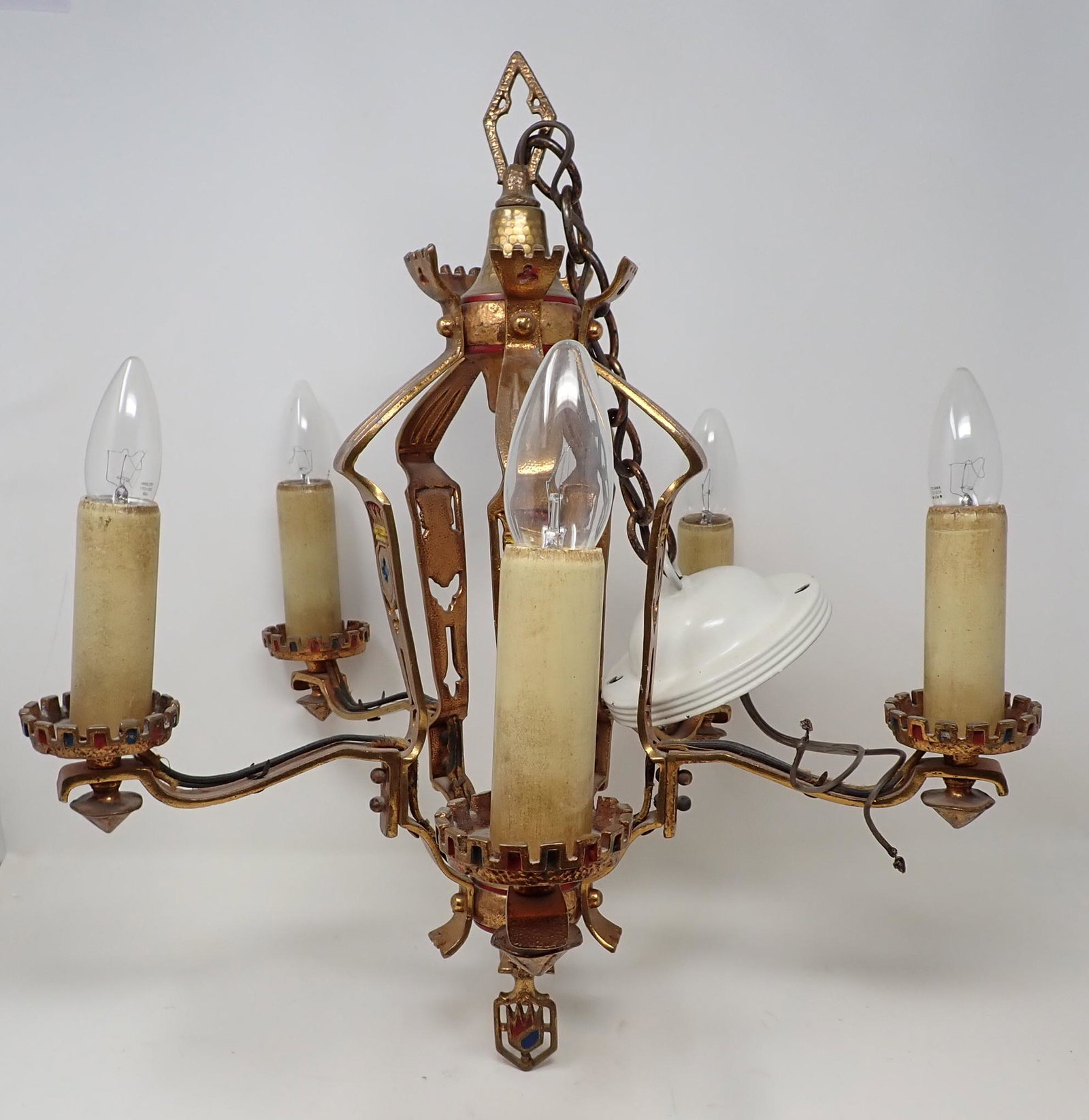 Arts & Crafts Style Brass Chandelier: Approx 18" in diameter and 19 1/2" tall