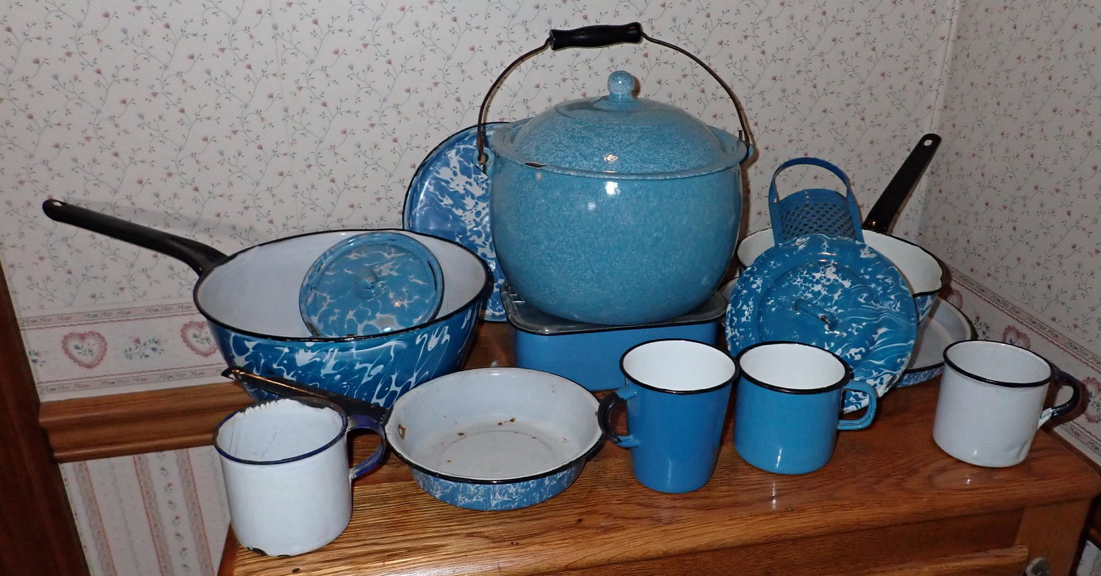 Blue Enamelware: Largest pot is approx 8 1/2" in diameter and 8 1/2" tall. NO SHIPPING !
