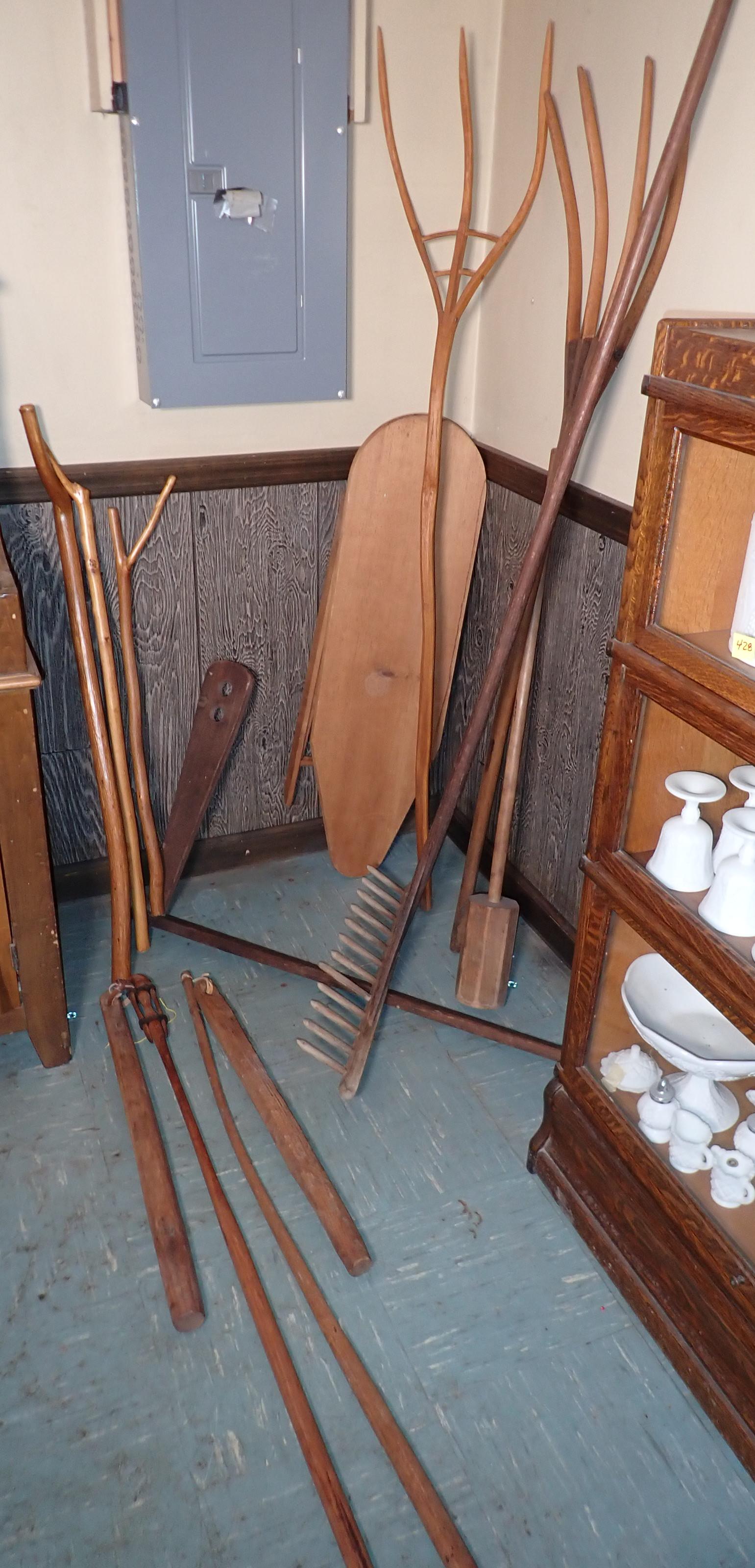 Hay Rakes Forks Flails Woodenware: Longest fork is approx 63" long. No shipping ! Buyer to remove from basement