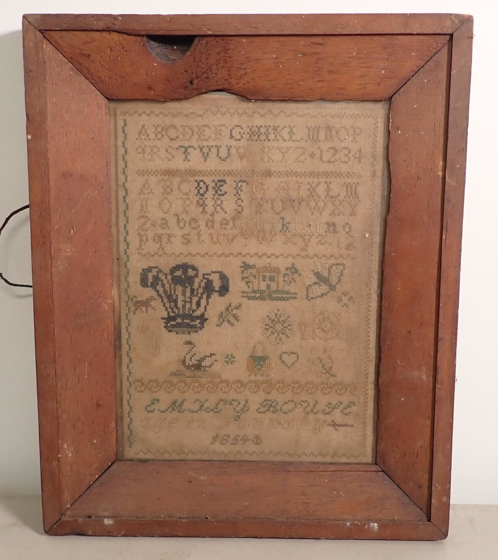 1854 Emily Boule Sampler: Apprx 13 1/2" x 16 1/2"