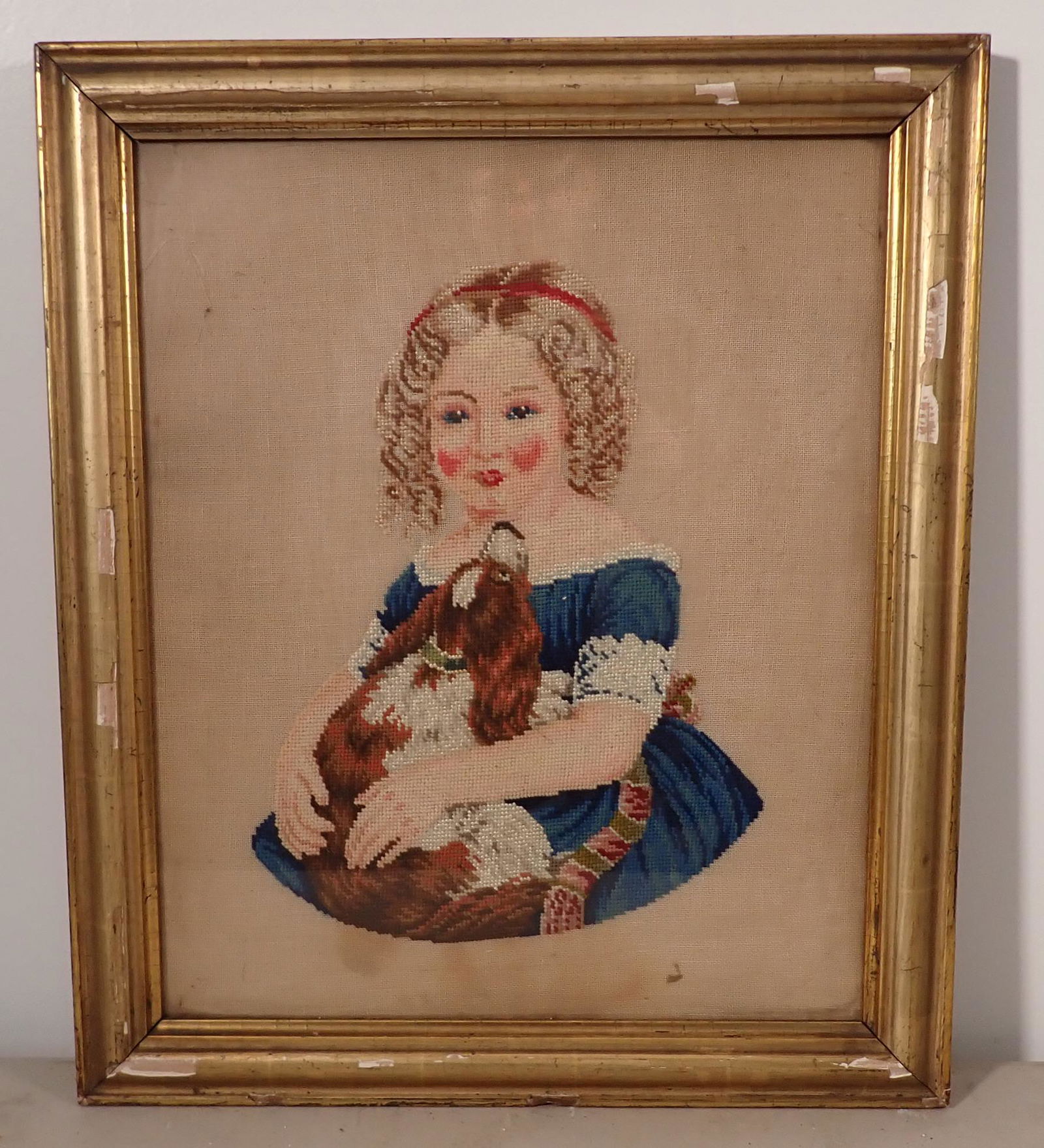 Little Girl w/ Dog Needlepoint: Approx 17 1/2" x 20 1/2"