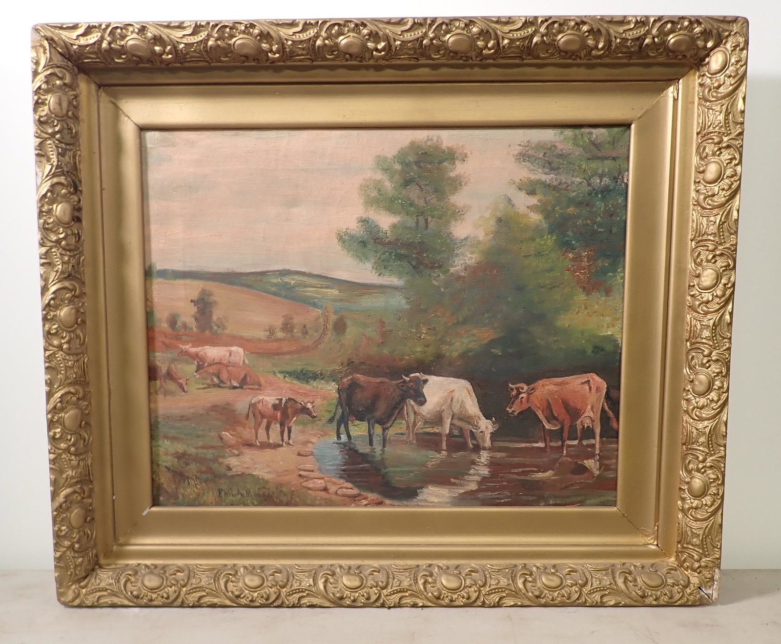 Signed Cow Oil on Canvas Painting: Possibly Signed Phil A Moore. Approx 22 1/2" x 26 1/2". Sold as pictured, with no guarantees