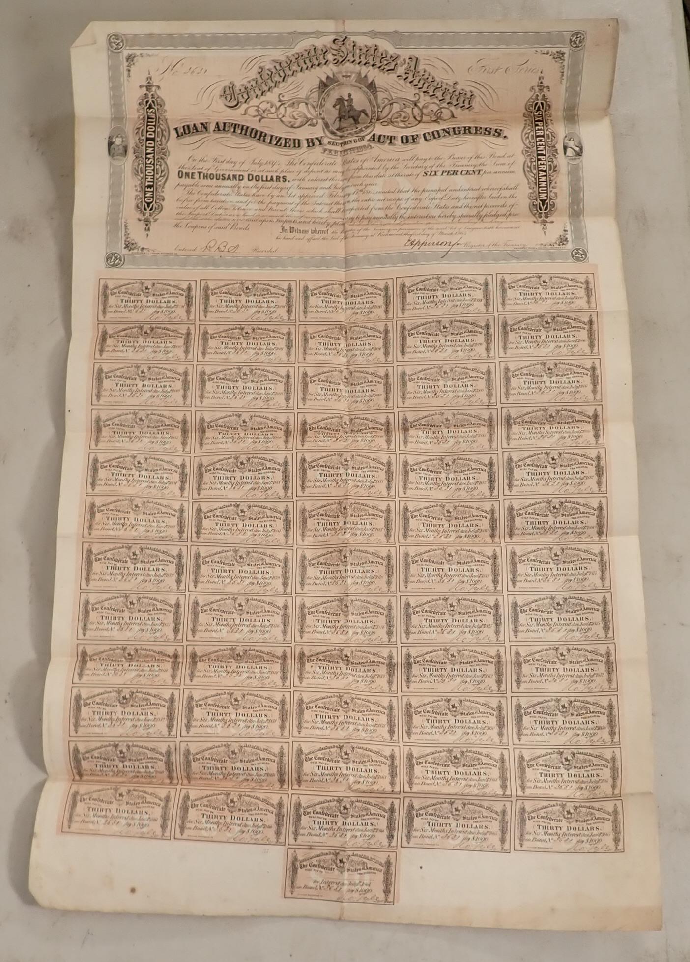 1864 Confederate States $1000 Bond: Found packed away in a trunk ! Confederate States of America Bond.