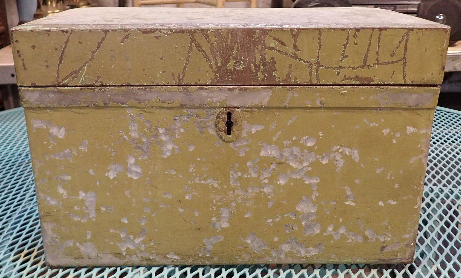 Strong Box in Green Paint: Approx 9 1/2" x 15 1/4" x 10" tall. NO SHIPPING