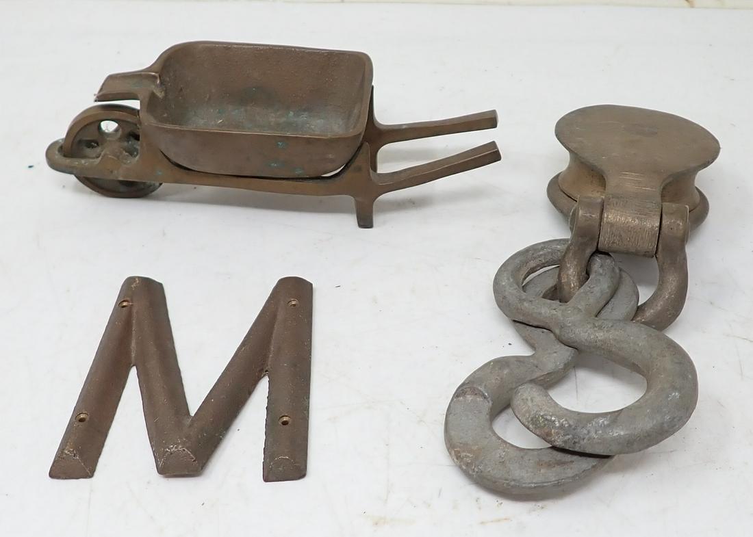 Brass Wheel Barrow Ashtray Pulley & "M": Pulley is apprx 6 3/4" long
