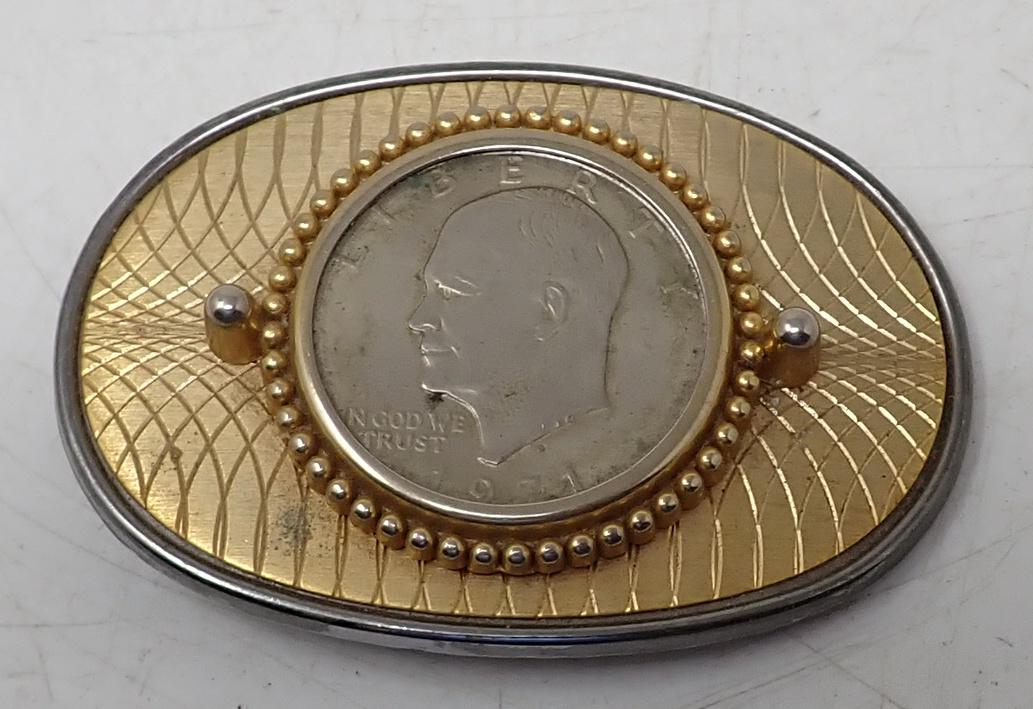 1971 D Eisenhower Dollar Belt Buckle: Approx 2 1/4" x 3 1/2"