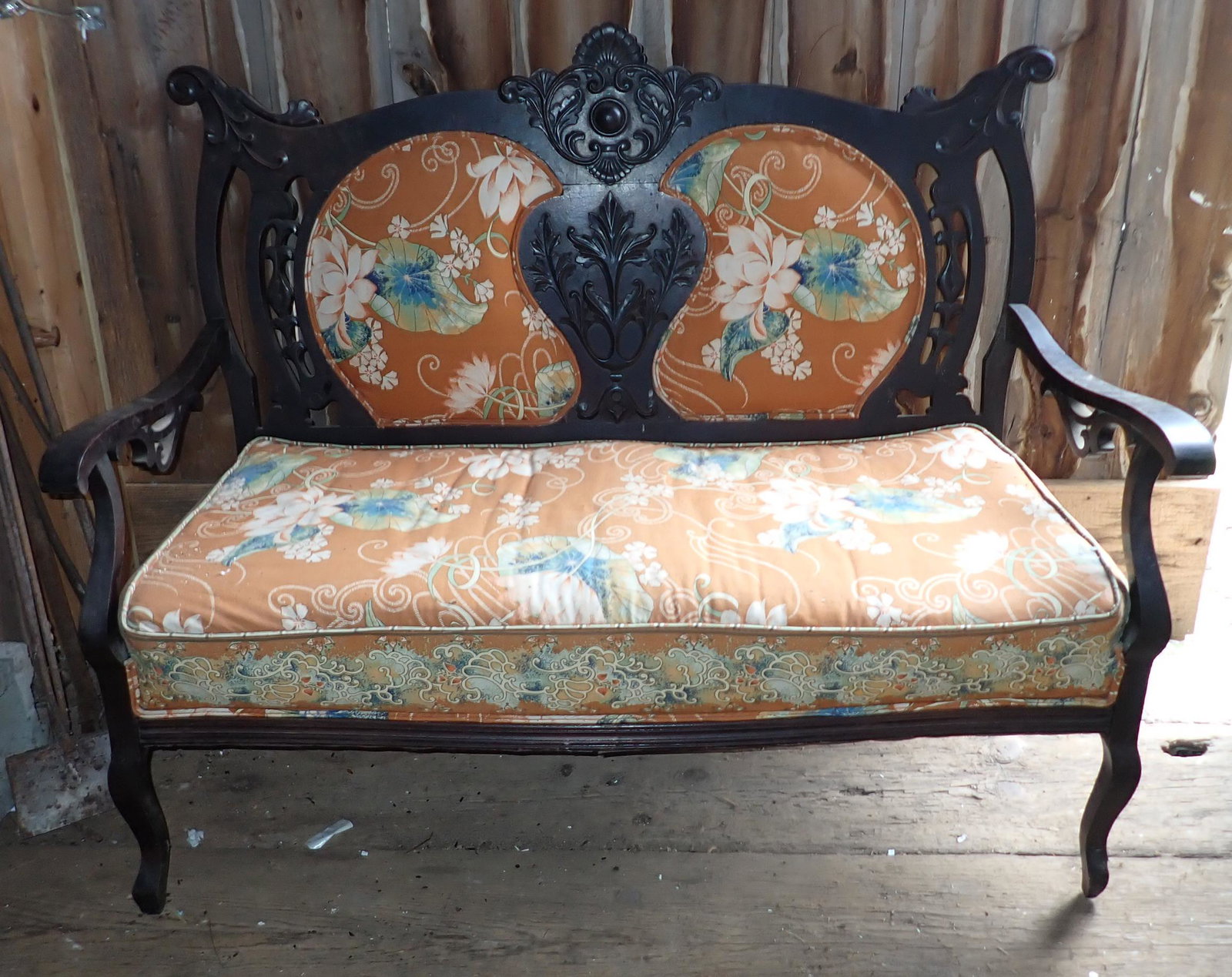 Carved Settee: Approx 49 1/8" long, 18" to seat, 20 1/2" deep, and 40" tall. No shipping