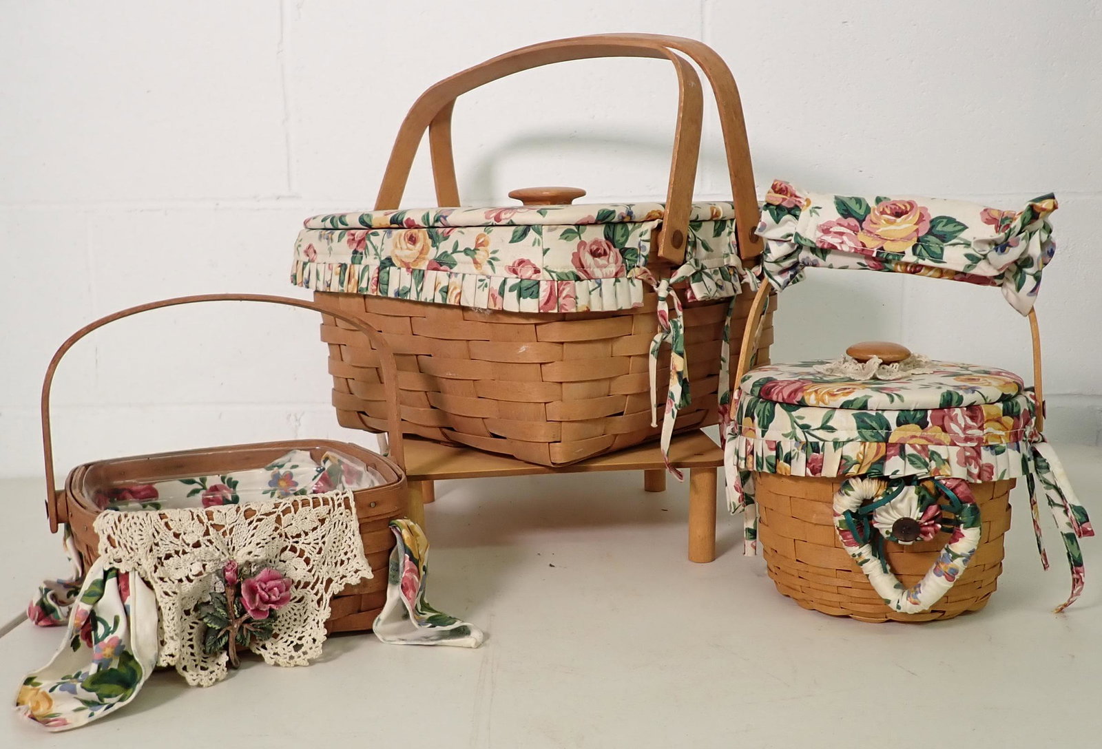 3 Longaberger Baskets: Largest is approx 12" x 12 1/4" x 7" tall. All have protectors and liners