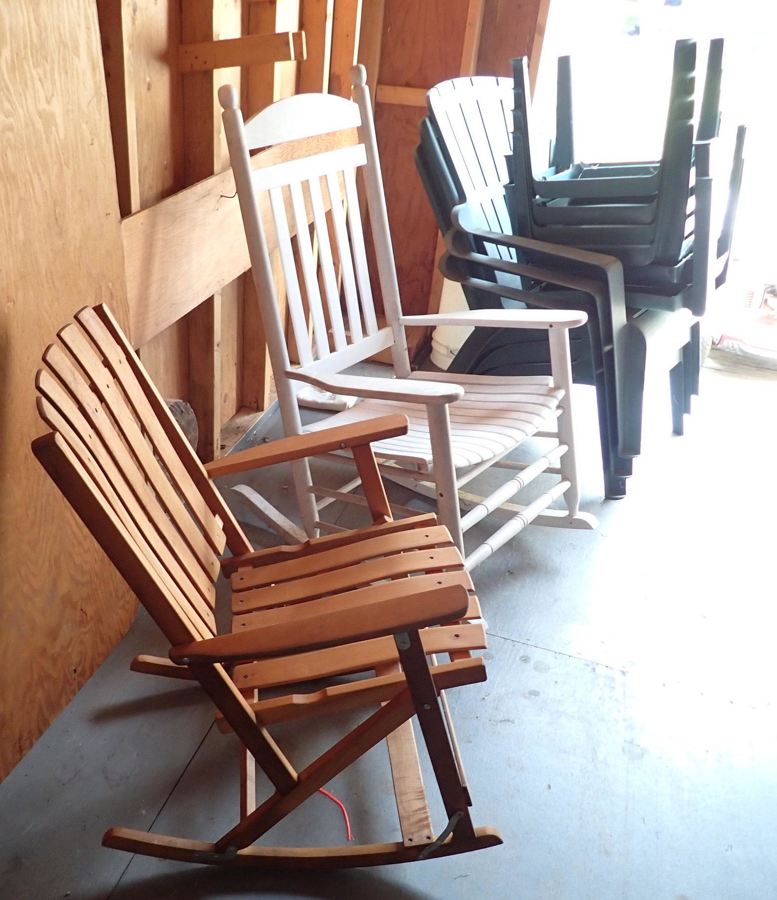 Porch Rockers & Plastic Patio Furniture: Both rockers are wooden. Rocker on left folds. No shipping !