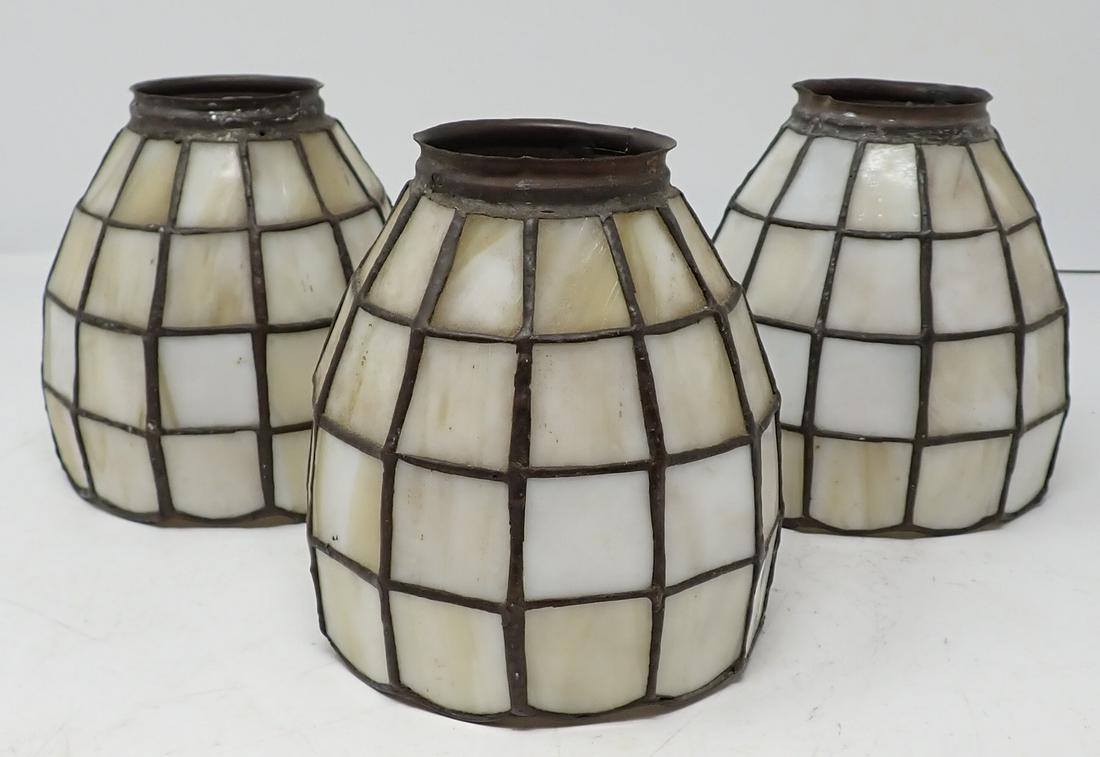3 Matching Slag Glass Shades: Approx 4 1/2" in diameter , 4 3/4" tall, and fitter is apprx 2 1/4" in diameter