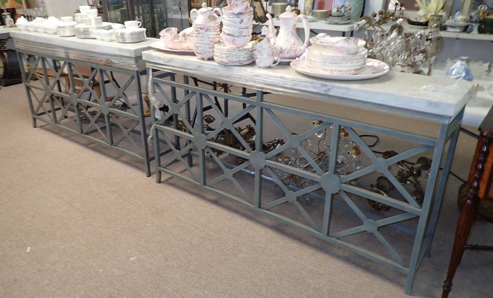 Pair of Marble Top Console Tables: Approx 14" x 66" x 35" tall. Bases are iron. Marble is approx 2" thick ! Does not include items on them. Marble currently has shrink wrap holding them to the bases for transport. No shipping ! Bring p