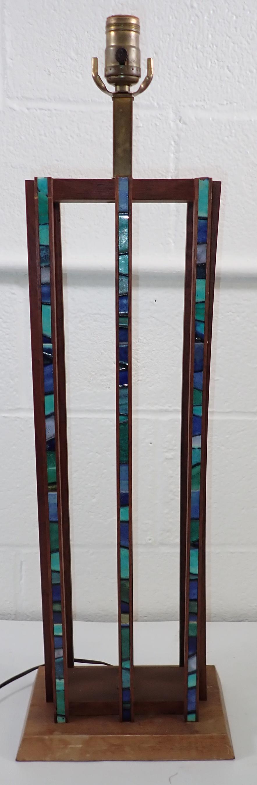 Tiled Mid Century Modern Table Lamp: Approx 5 5/8" x 9 1/2" x 30" tall. If shipping is needed, it would be packed and shipped thru our local UPS Store. It is recommended to call/email them to get a quote before bidding.