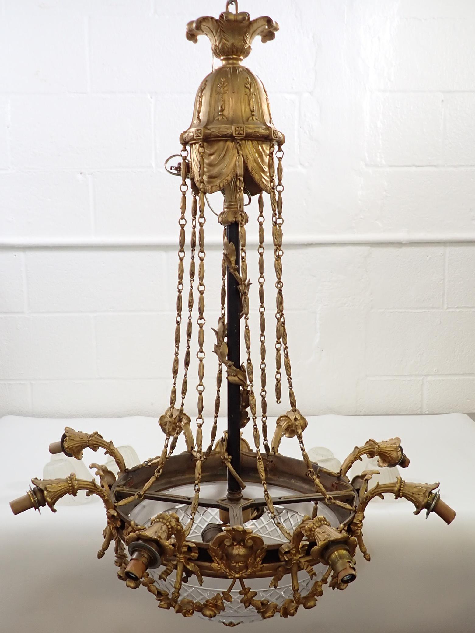 French Brass 8 Arm Chandelier: Comes with 8 shades. Approx 24" in diameter and 36" tall. NO in house shipping !