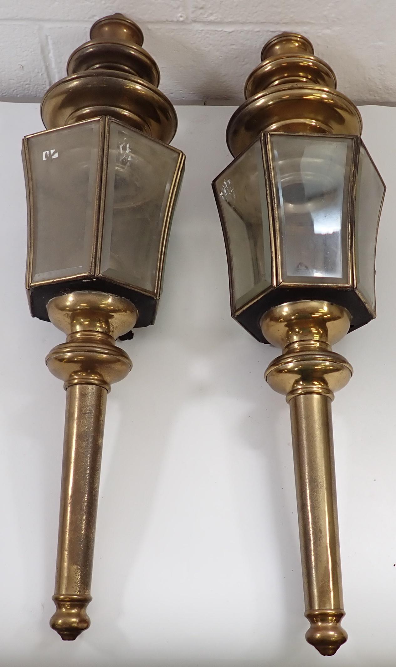 Pair of Large Brass Carriage Lamps: Approx 31" long. If shipping is needed, it would be packed and shipped thru our local UPS Store. It is recommended to call/email them to get a quote before bidding.