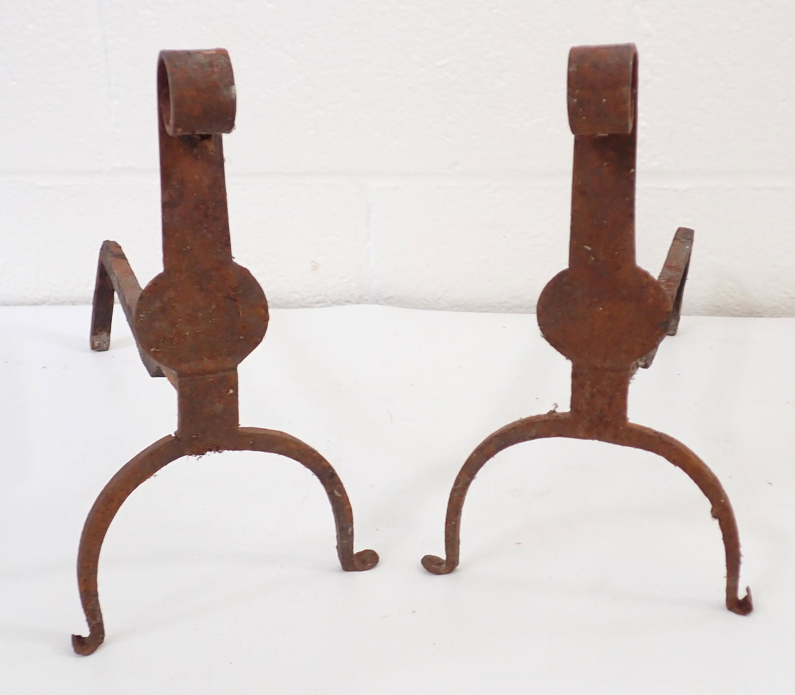 Primitive Andirons: Approx 6 3/8" wide, 14 1/4" deep, and 11" tall