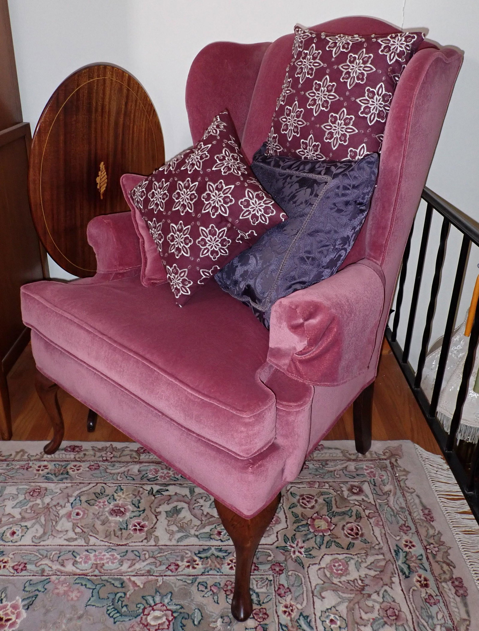 Wing Chair: Approx 30" wide, 20" to seat, 19 1/2" deep, 43" tall. Must pick up before 3pm. Bring help. No shipping ! Table is NOT included