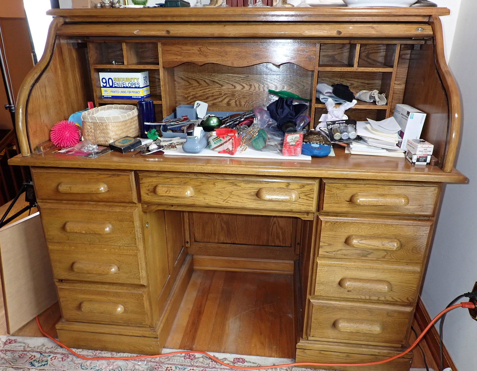 Rolltop Desk: Apprx . 25 1/2" x 54" x 48 1/2" tall. Includes all items on writing surface. Does not include items on top. Pick up AFTER 1pm only ! Must take all. NO SHIPPING ! Bring help to remove from house.