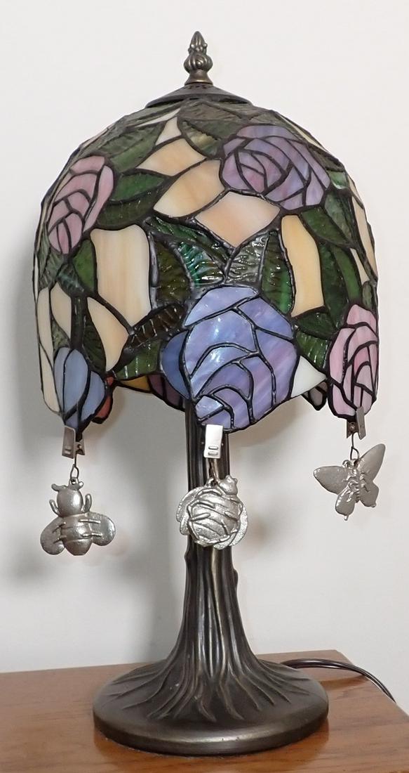 Stained Glass Lamp: Approx 17" tall. Shade is approx 8 1/2" wide. Includes clip on bee, beetle, and butterfly.