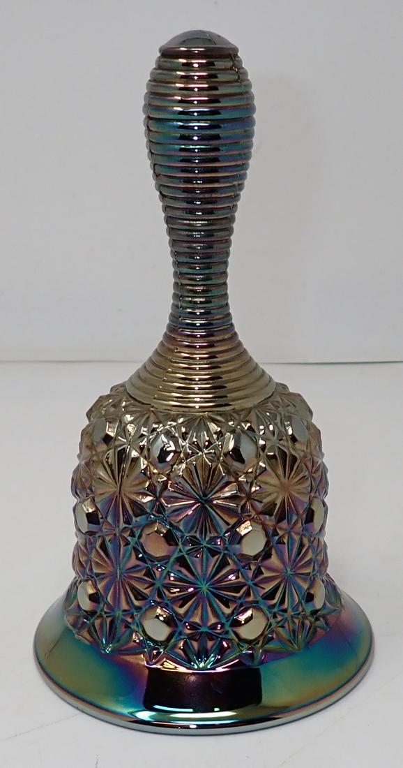 Fenton Carnival Glass Bell: Approx 3 1/2" in diameter and 6" tall. Marjed Fenton on inside