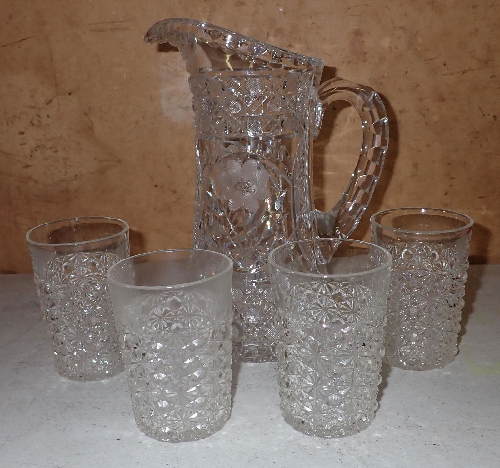 Cut Glass Water Set Pitcher & Tumblers (1 of 5)