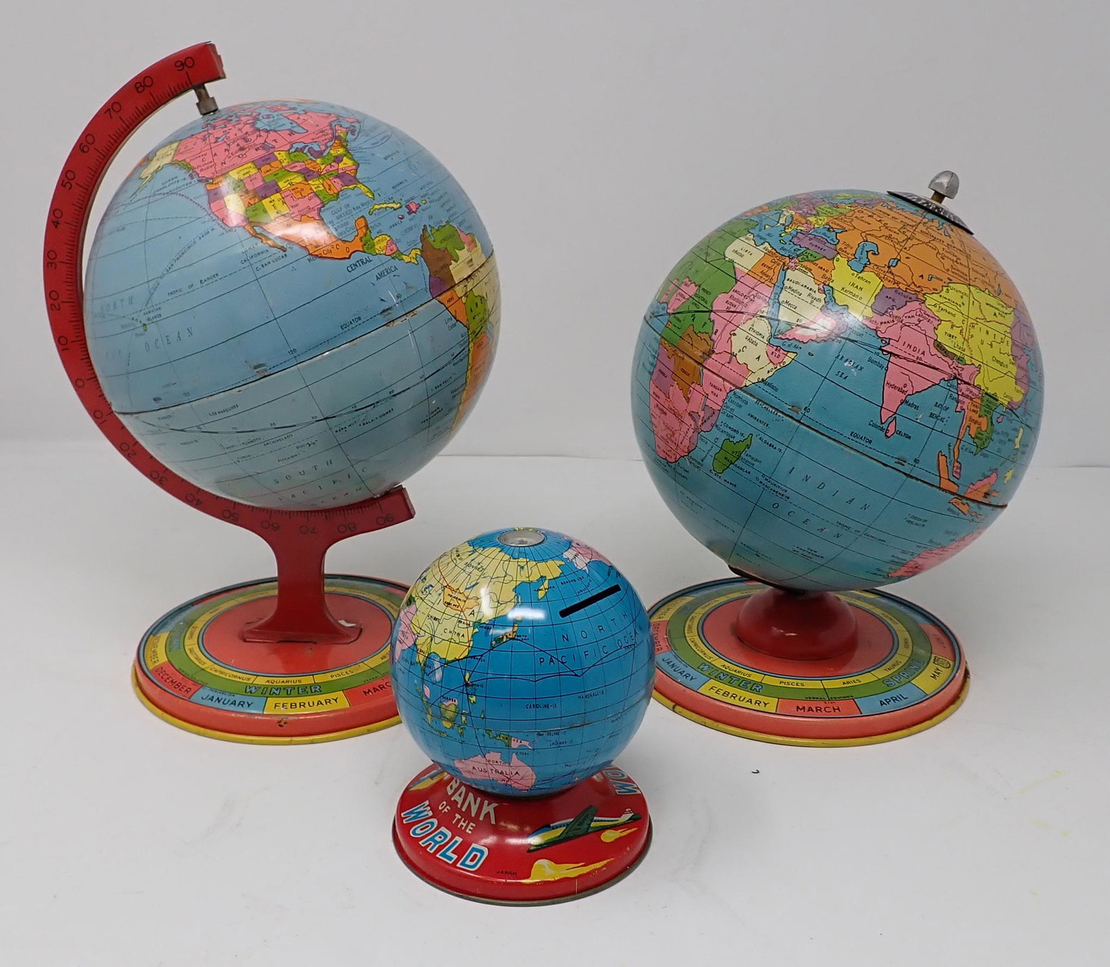 3 Tin Childrens Globes: Tallest is apprx 8 1/2" tall.