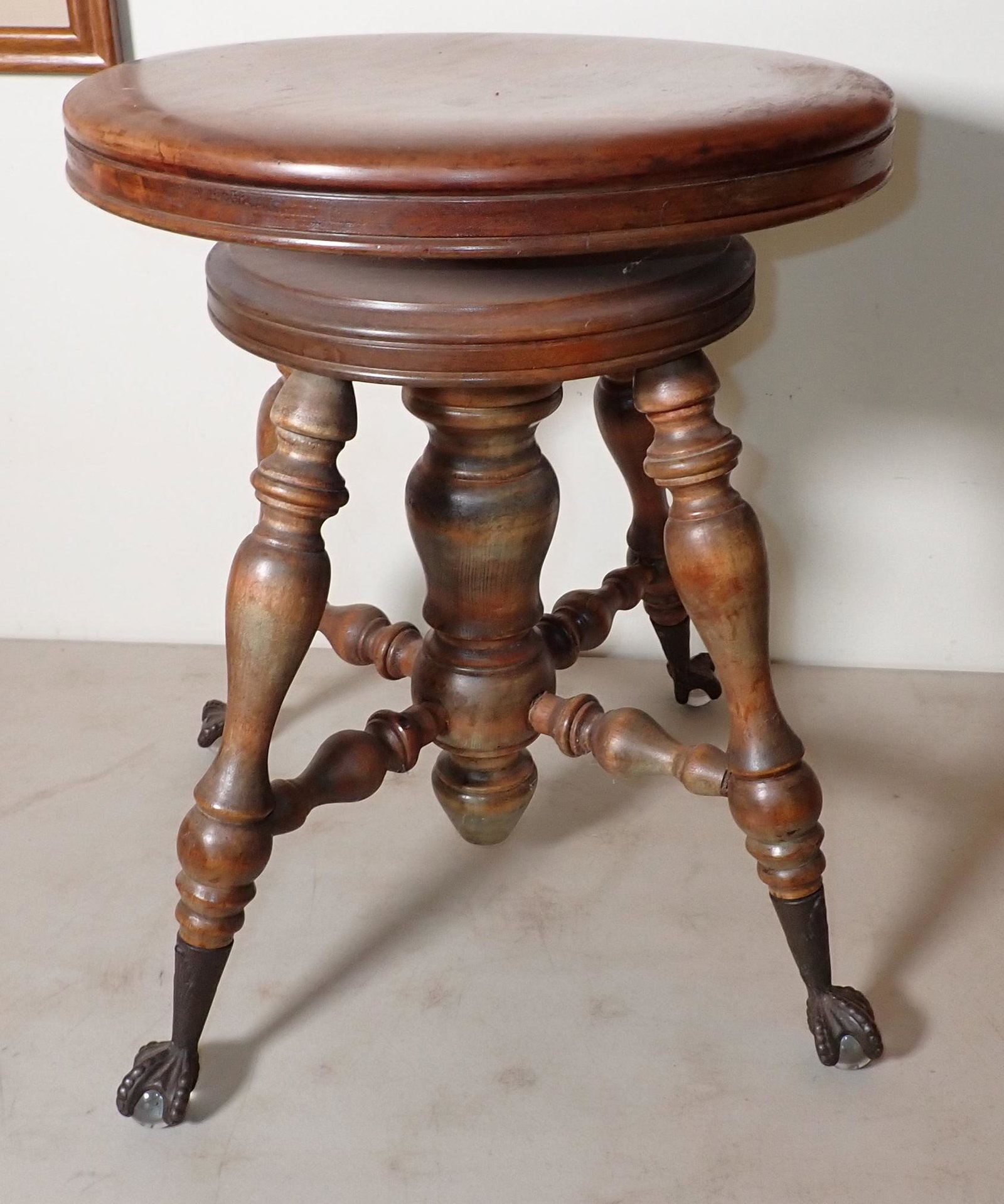 Piano Stool with Ball & Claw Feet: Approx 14 1/4" in diameter and 18 1/4" tall. NO SHIPPING