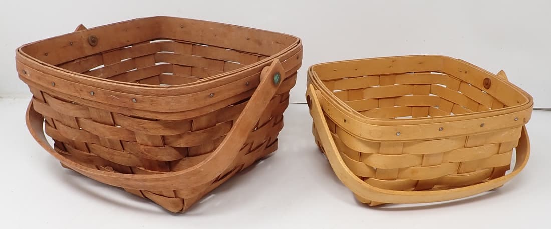 2 Longaberger Baskets: Largest is apprx 8 3/4" x 8 3/4" x 5" tall.