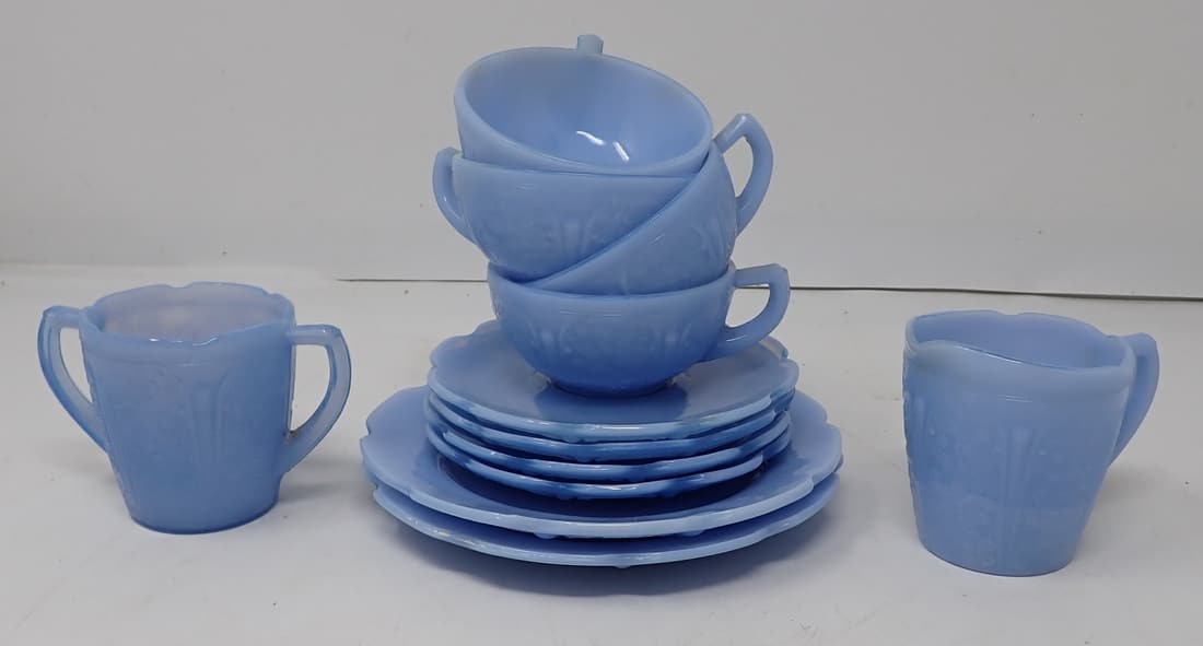 Hazel Glass Creamer Sugar Cups Saucers: Creamer is approx 2 3/4" tall. No shipping