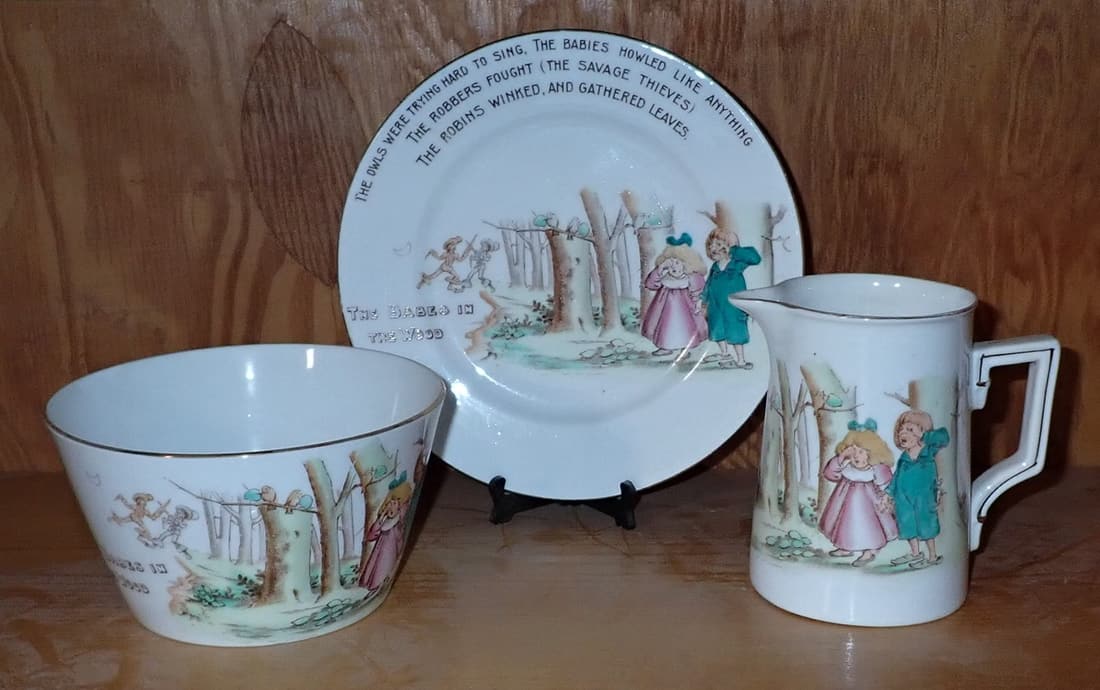 Foley China Babes In The Woods Pitcher Bowl & Plate: Plate is approx 7" in diameter