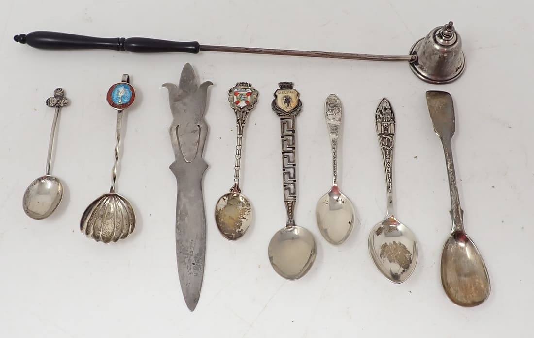 Sterling Silver Spoons Candle Snuffer & Book Mark: Book Mark is approx 5 1/4" long. Spoon on far left is not marked or said to be Sterling. Total weight of spoons ( excluding one on left) and bookmark is approx 43.21 dwt.