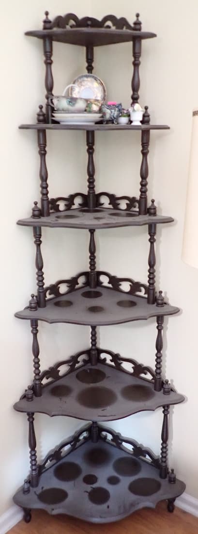 Corner Curio Shelf: Approx 23" wide, 17" deep, 67" tall. Does not include items on it. No shipping