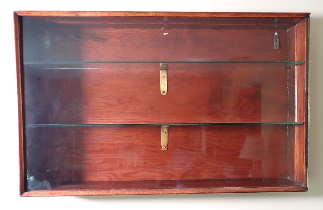 Display Case: Approx 19 1/2" x 31 1/2". Glass sliding door is thin glass. No shipping. Buyer to bring screwdriver to remove from wall.