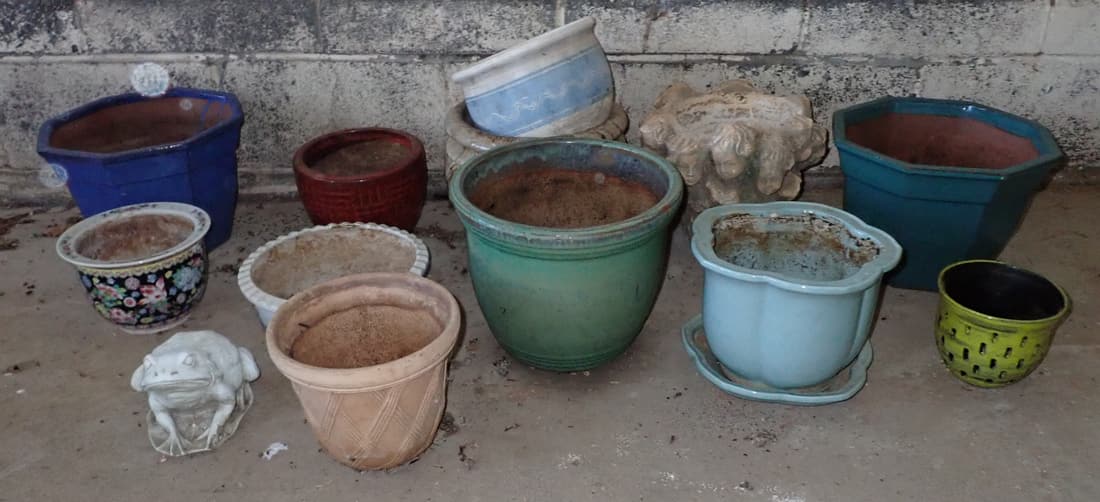 Planters: All are either pottery, chalkware , or porcelain. Largest is apprx 11 3/4" in diameter and 9 1/4" tall. No shipping. Frog is resin.