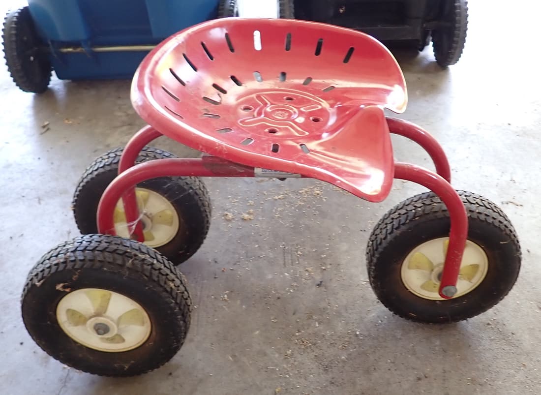 Brookstone Rolling Garden Stool: Approx 13 1/2" x 31" x 18 1/2" tall. No shipping