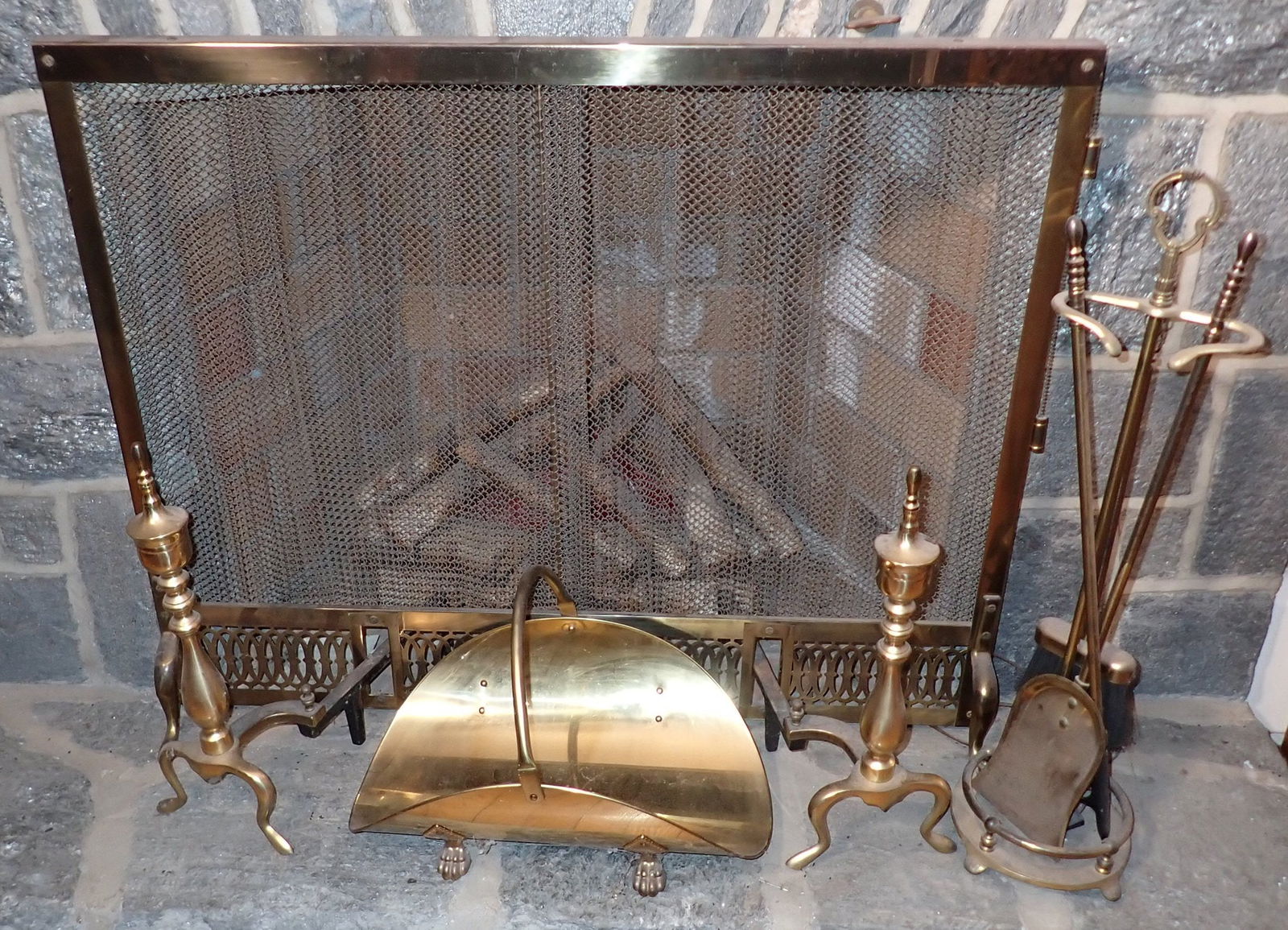 Brass Fireplace Screen Andirons Fireplace Set (1 of 3)