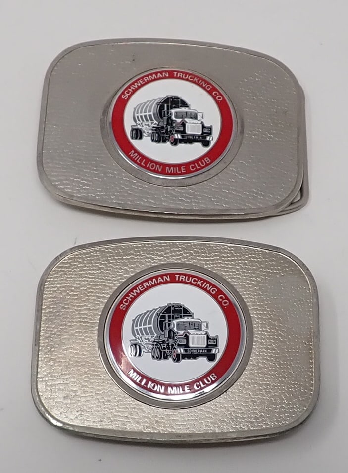 2 Schwerman Trucking Belt Buckles: Million mile club buckles are approx 2 3/8" x 3"