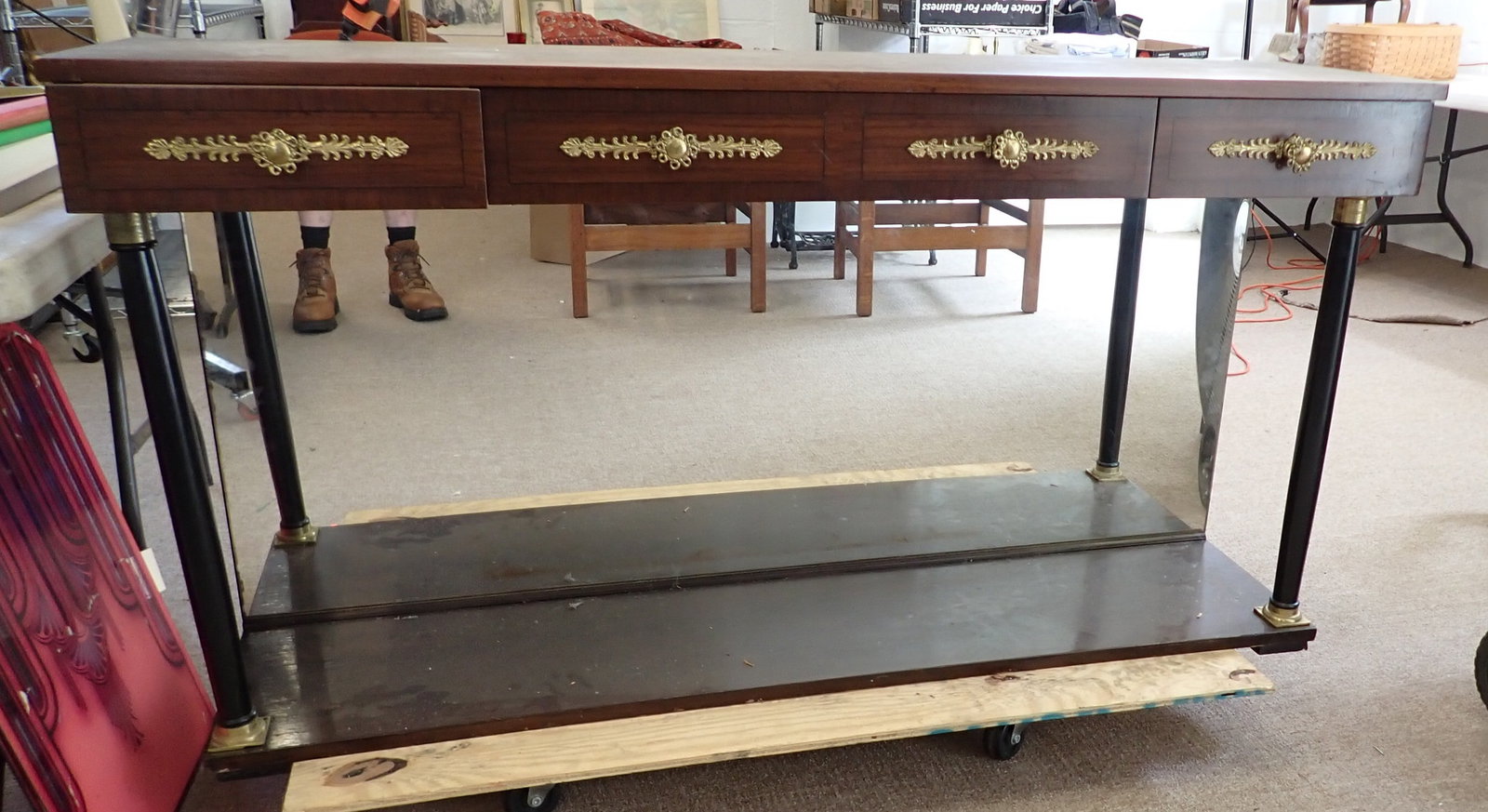 Console Table w/ Mirrored Base: Apprx 14 3/4" x 59 3/8" x 31" tall. No shipping ! Bring help to load. Dolly it is on , is NOT included