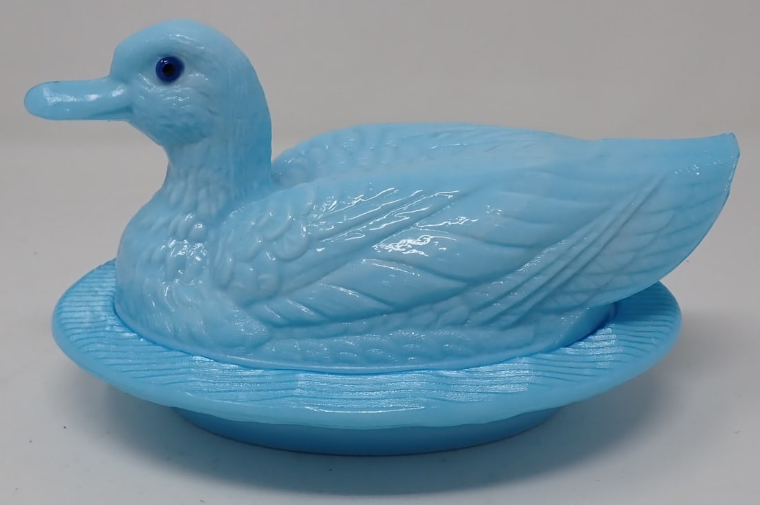 Westmoreland Duck Candy Dish: Blue milk glass dish is approx 6" x 8" x 4 3/4" tall.