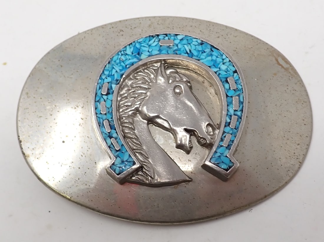 Horse Belt Buckle w/ Torquoise: Apprx 2 3/8" x 3 1/4"