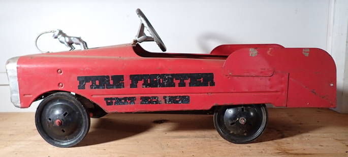 Fire Fighter Pedal Car w/ Mack Bulldog: Pedal car has Mack Bulldog hood ornament on it. Apprx 41" long. No shipping