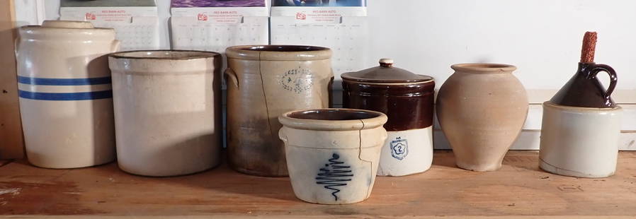 Stoneware Butter Churn Crocks and Jug: Butter churn on left is approx 8 1/2" in diameter and 14 1/2" tall. NO SHIPPING !