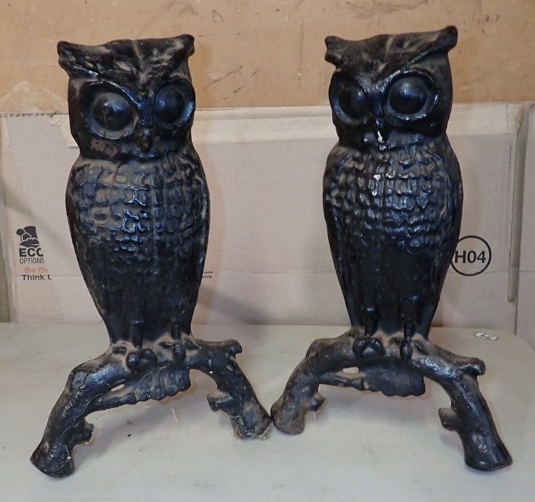Cast Iron Owl Andirons: Approx 8 1/2" wide, 13" deep, and 14" tall. If shipping is needed, these would be packed and shipped thru our UPS Store.