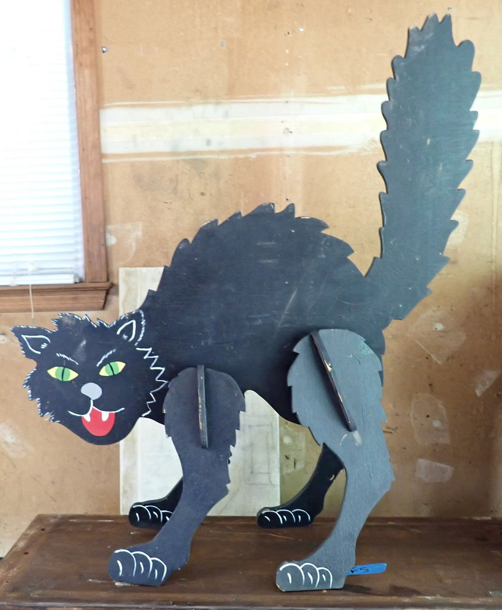 Wood Cut Out Halloween Cat Decoration: Approx 39" x 44" tall. Made out of 1/2" plywood. Legs do come off for easy storage.