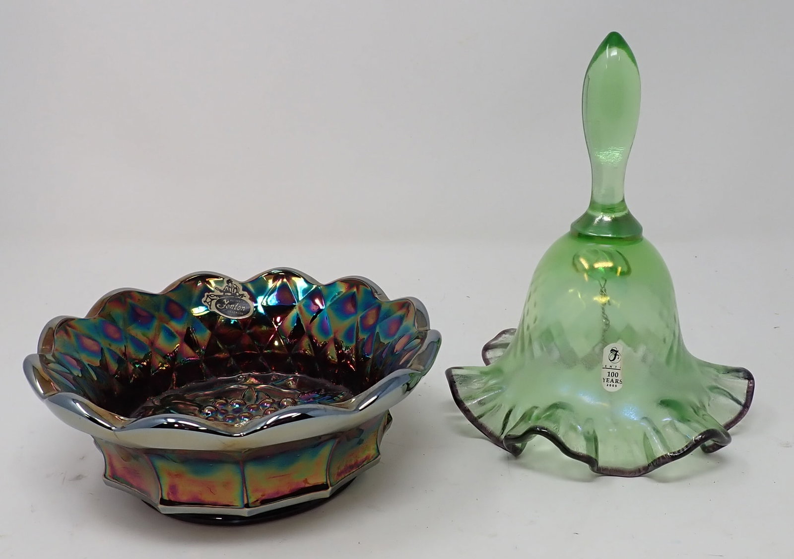 Fenton Grape Carnival Glass Bowl & Bell: Bell is approx 5" in diameter and 6 1/2 tall.