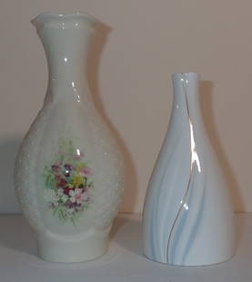 Royal Doulton Impressions & Irish Parian Vases: Gerald Gulotta Williow Wisp Vase on right is approx 3" in diameter and 6" tall