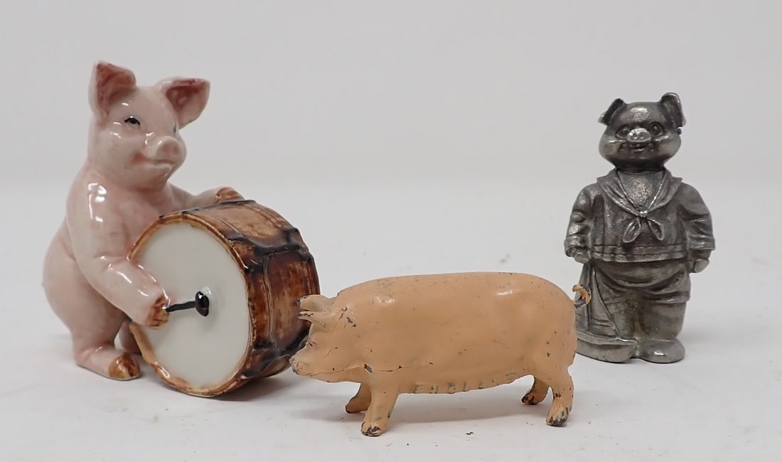 Pewter Lead & Porcelain Pigs: Tallest is approx 2 1/4"